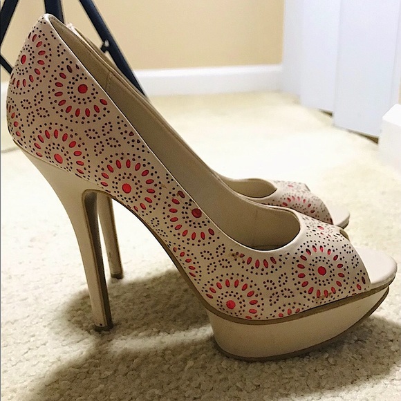 🔥ELLE EUC WORN ONCE TAN&CORAL PEEP TOE STILETTOS SUPER SEXY&STYLISH&CHIC!!! - Picture 5 of 13